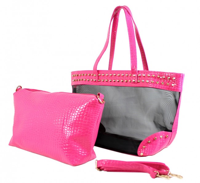 Mesh 2-in-1 Totes w/ Metal Studded Croc Embossed PU Trim - Pink - BG-100845PN