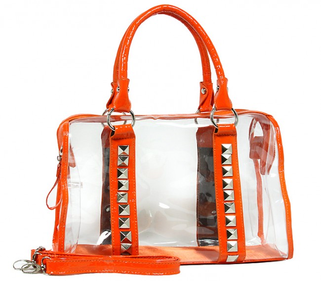 Clear PVC Duffel - Croc Embossed Patent Leather-like Trim w/ Pyramid Studs - Orange - BG-CLR005OG