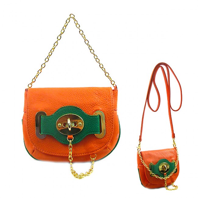 Pebble Leather-like Small Flap Purse w/ Metal Chain Strap And Twist Lock - Orange - BG-H6364OG